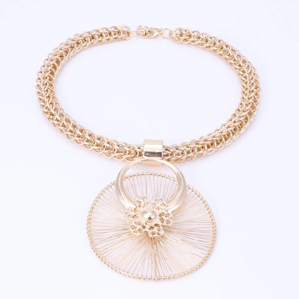 Gold-Plated Flower Necklace, Bracelet, Earrings & Ring Wedding Statement Jewelry Set