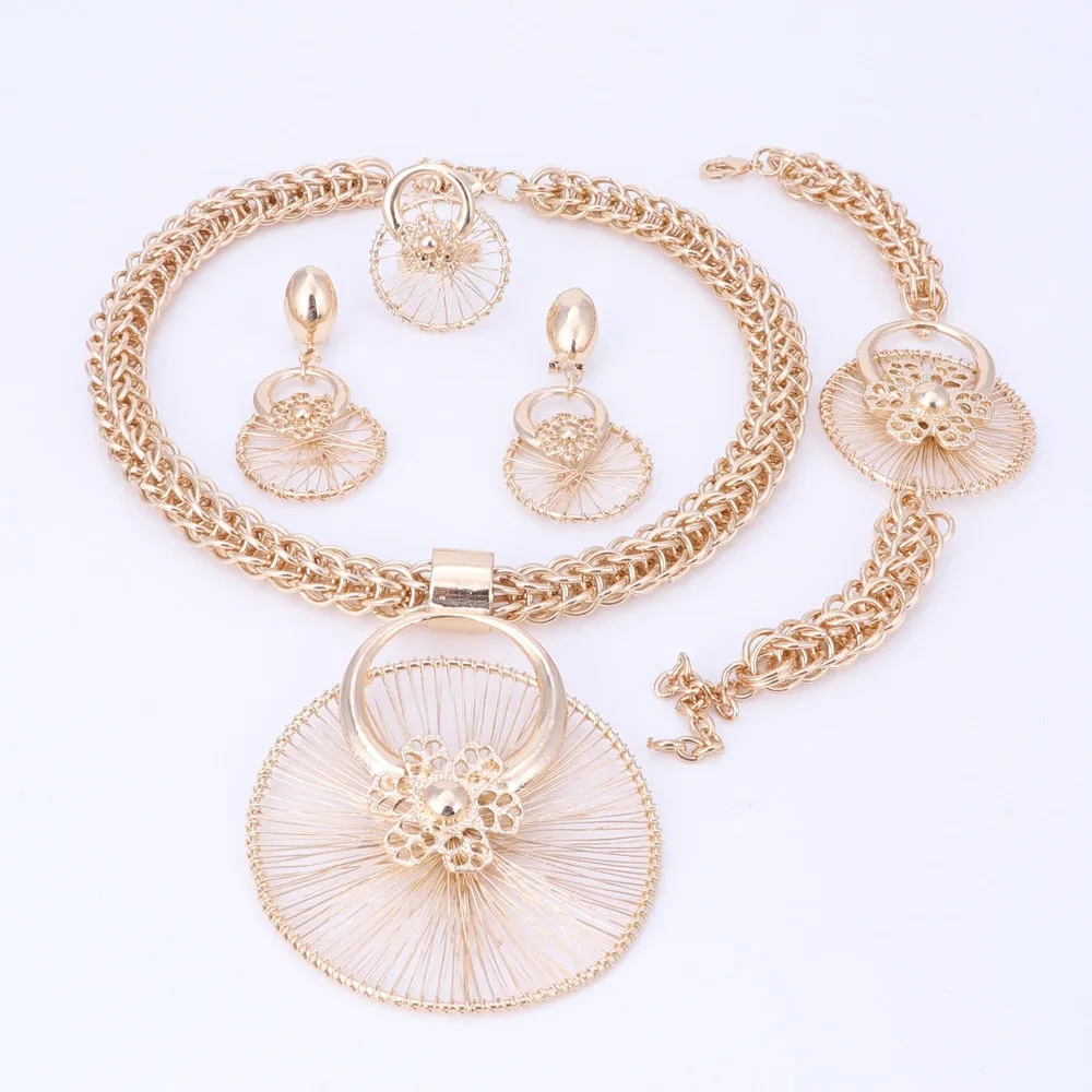 Gold-Plated Flower Necklace, Bracelet, Earrings & Ring Wedding Statement Jewelry Set