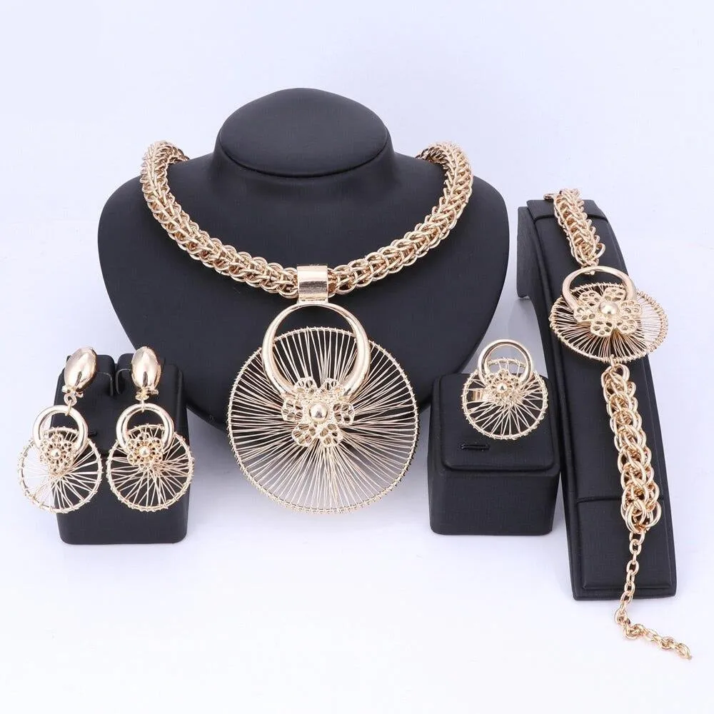 Gold-Plated Flower Necklace, Bracelet, Earrings & Ring Wedding Statement Jewelry Set