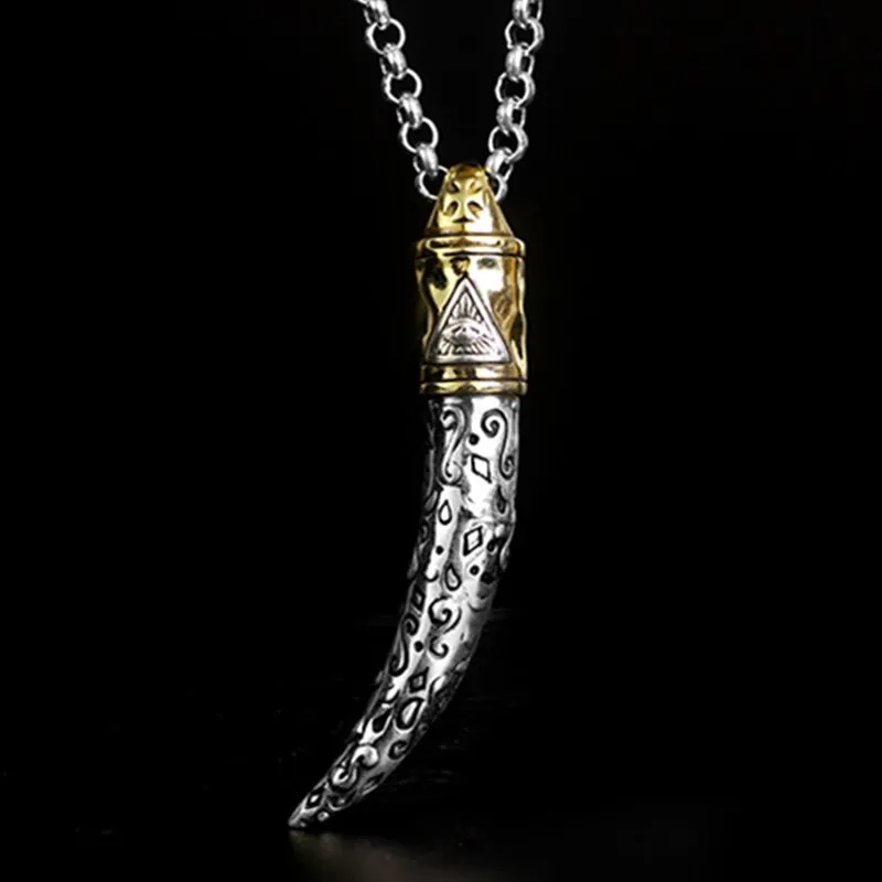 Gold-Plated Wolf's Fang 925 Sterling Silver Vintage Punk Long Pendant Necklace