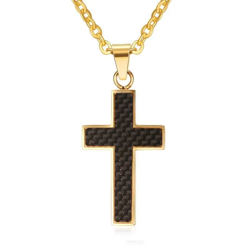 Golden Cross Pendant Necklace with Black Carbon Fiber Inlay Material