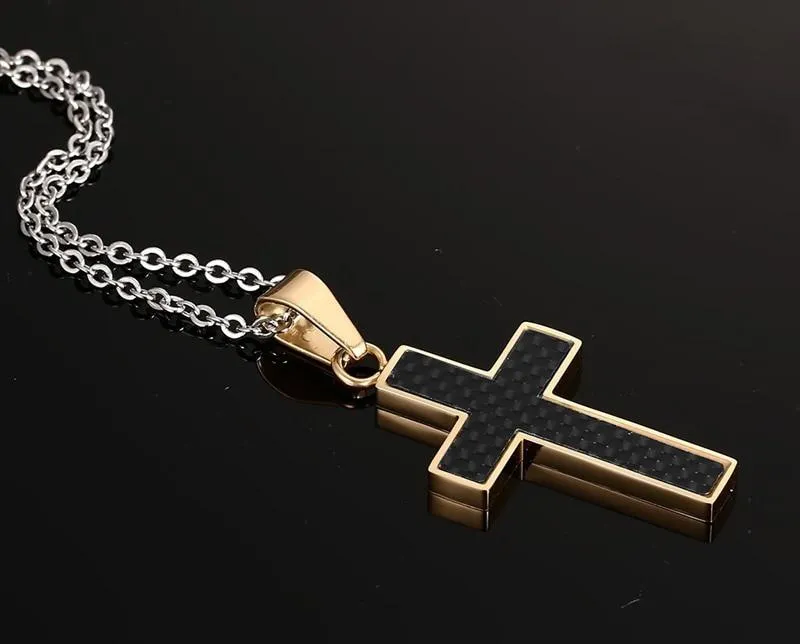 Golden Cross Pendant Necklace with Black Carbon Fiber Inlay Material