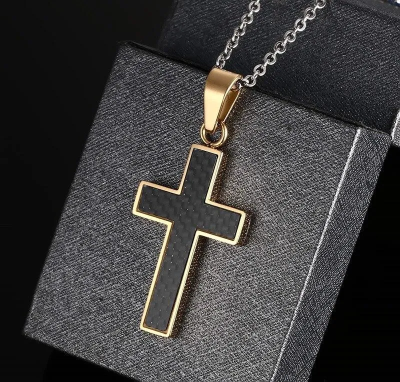 Golden Cross Pendant Necklace with Black Carbon Fiber Inlay Material