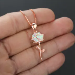 Gorgeous White Opal & Rose Flower Necklace - A Perfect Gift for the Romantic Woman in Your Life!