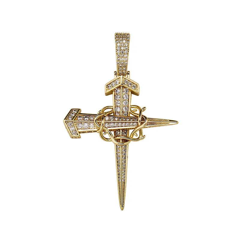 Iced Out Nail Cross with Chain Pendant - Gold