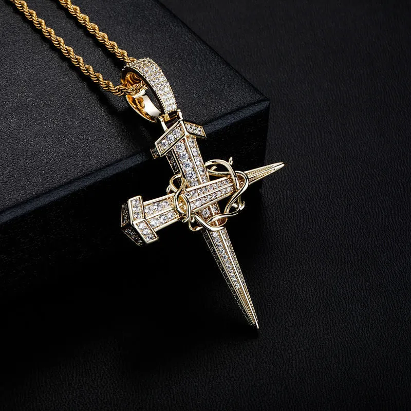 Iced Out Nail Cross with Chain Pendant - Gold