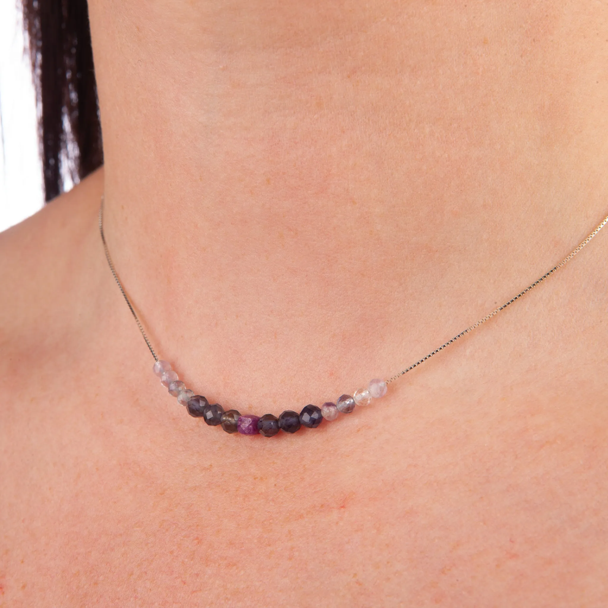 Iolite, Ruby & Flourite Adjustable Slide Chain Gemstone Necklace