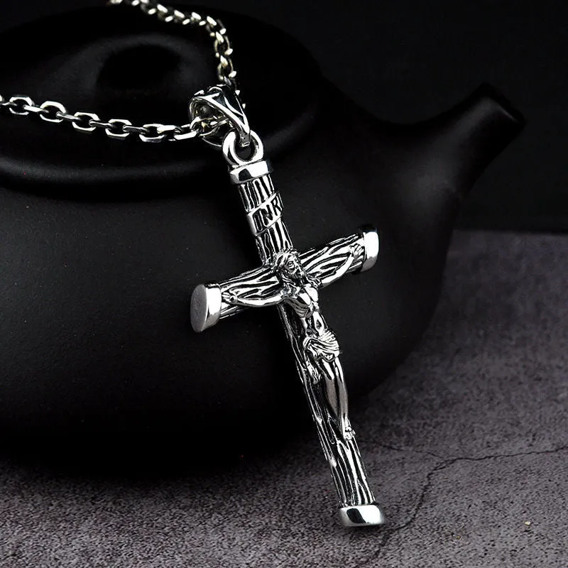 Jesus Cross 925 Sterling Silver Retro Pendant Necklace