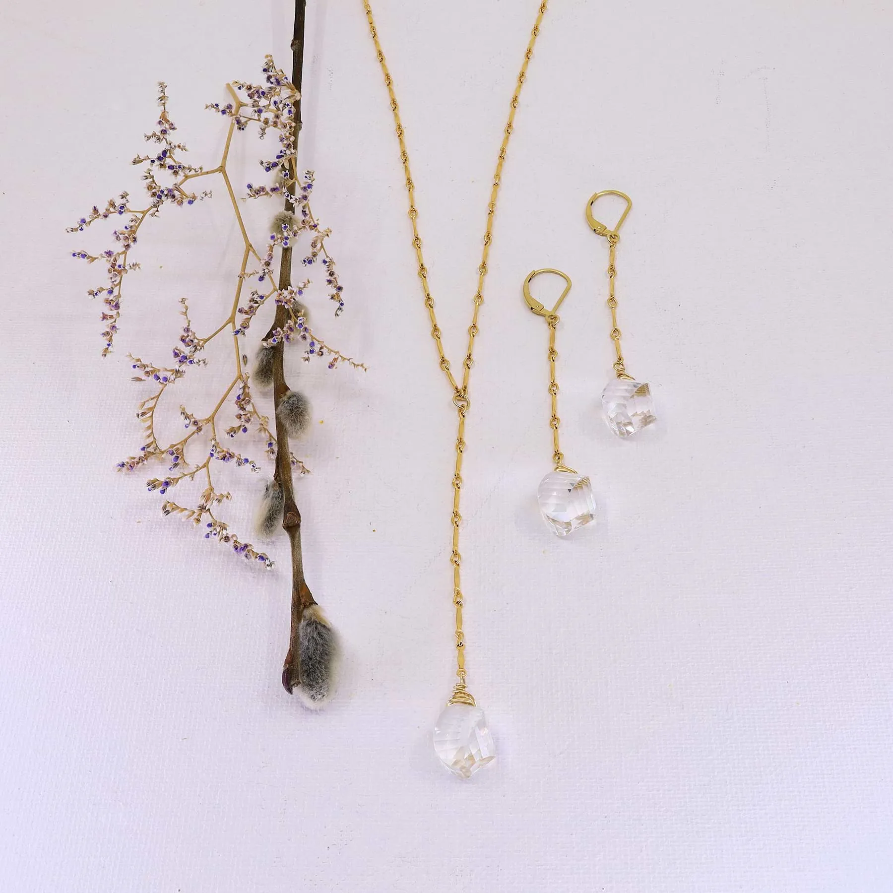 Katya - Crystal Quartz Lariat Drop Gold Layering Necklace