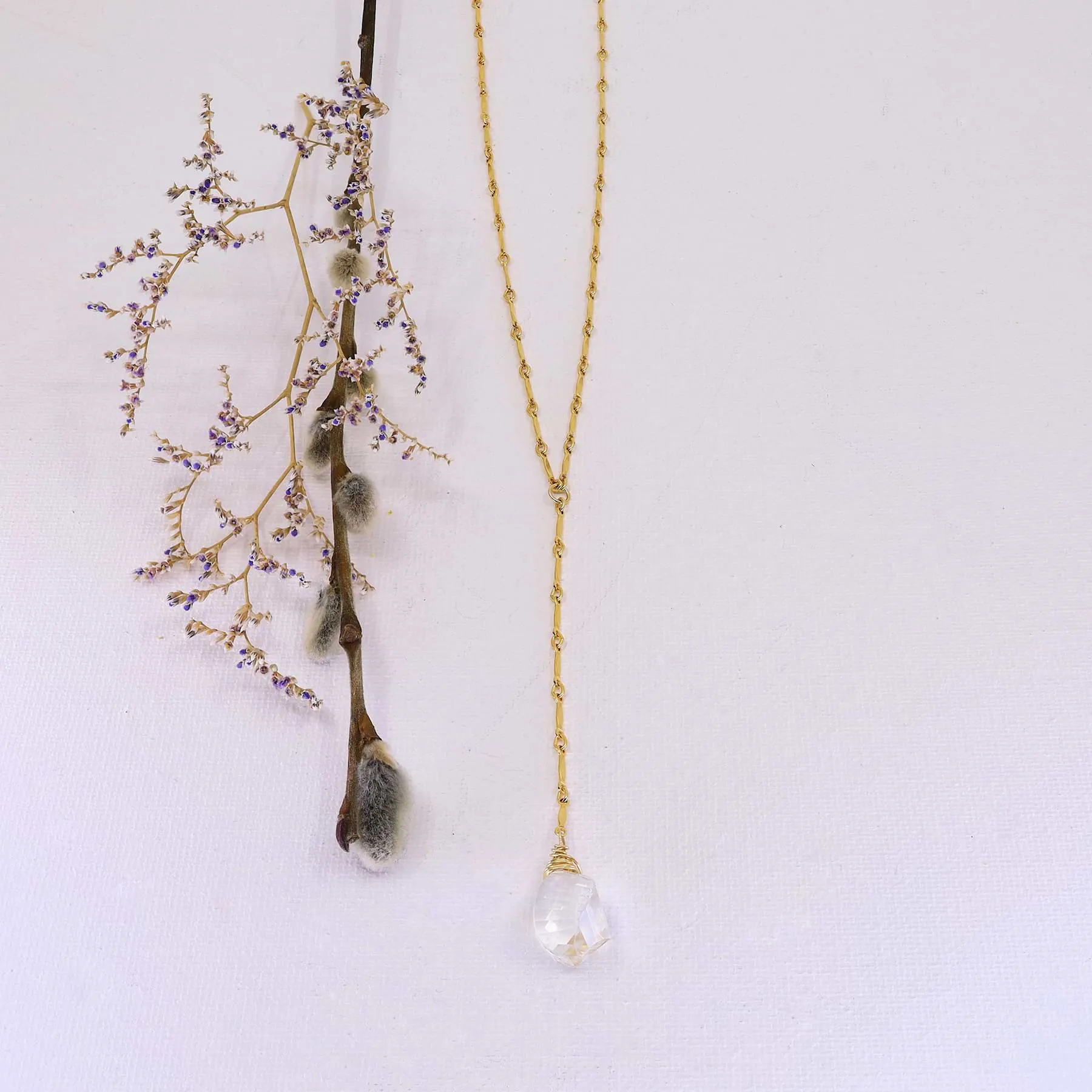 Katya - Crystal Quartz Lariat Drop Gold Layering Necklace