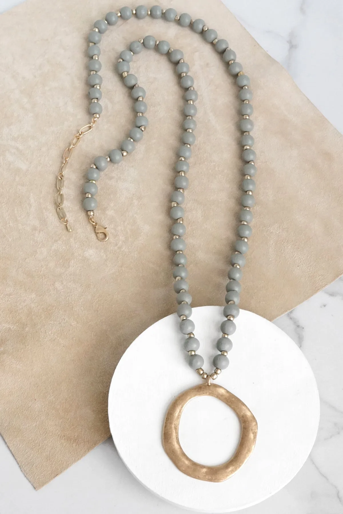 Long Wooden Bead Necklace with gold circle - gray