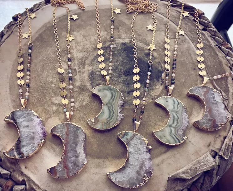 luna // gold electroplated crescent moon amethyst slice bohemian necklace