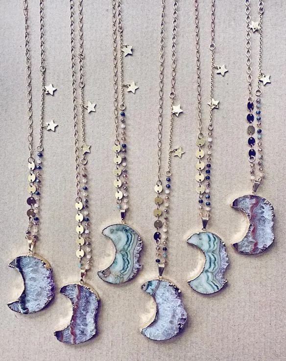 luna // gold electroplated crescent moon amethyst slice bohemian necklace