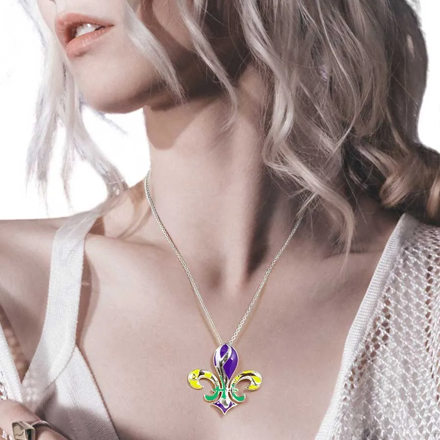 Mardi Gras Enamel Fleur de Lis Pendant Necklace