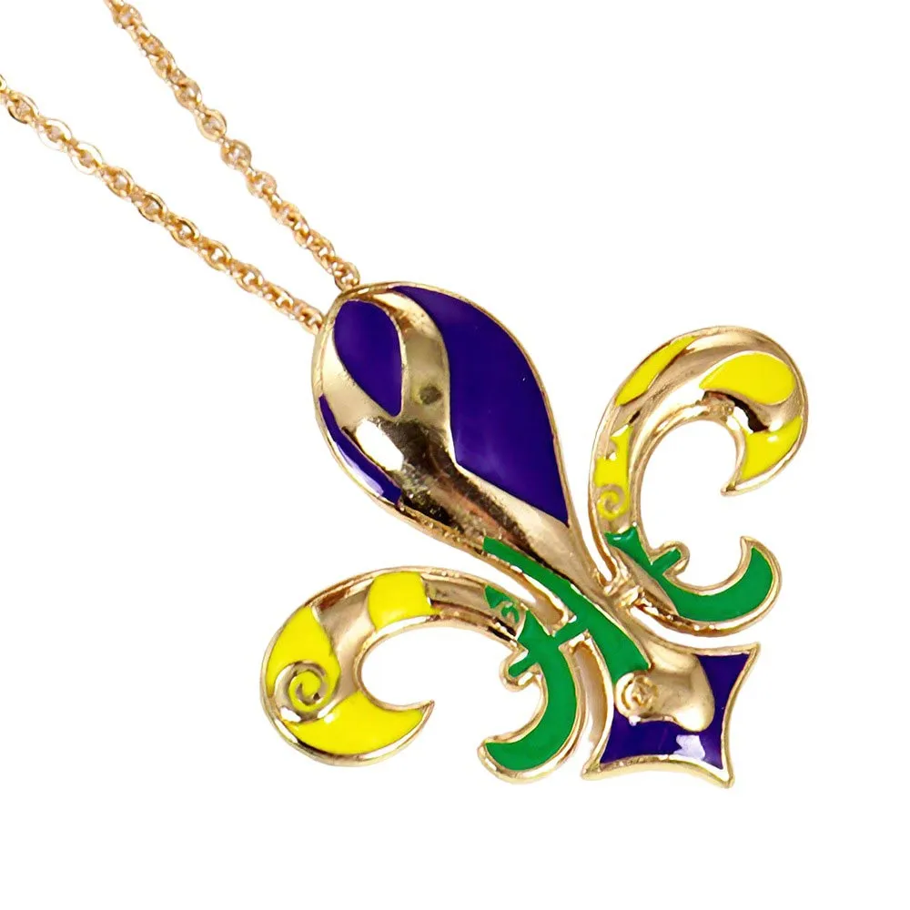 Mardi Gras Enamel Fleur de Lis Pendant Necklace