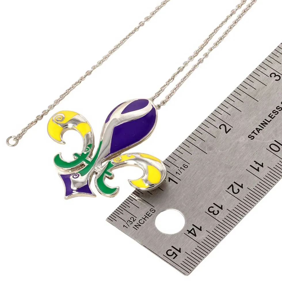 Mardi Gras Enamel Fleur de Lis Pendant Necklace