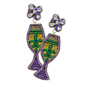 Mardi Gras Felt Back Fleur de Lis Pointed Beaded Wine Dangle Earrings