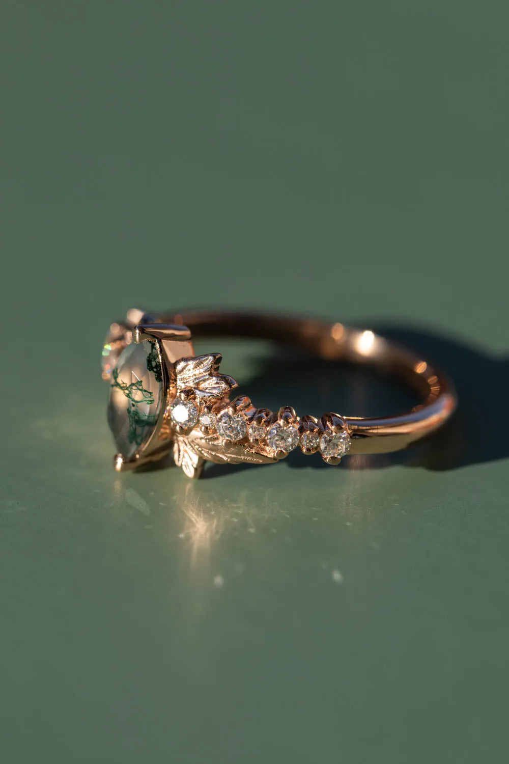 Moss Agate Marquise-Cut Engagement Ring, Gold Leaf Nature-Inspired Design - Verbena