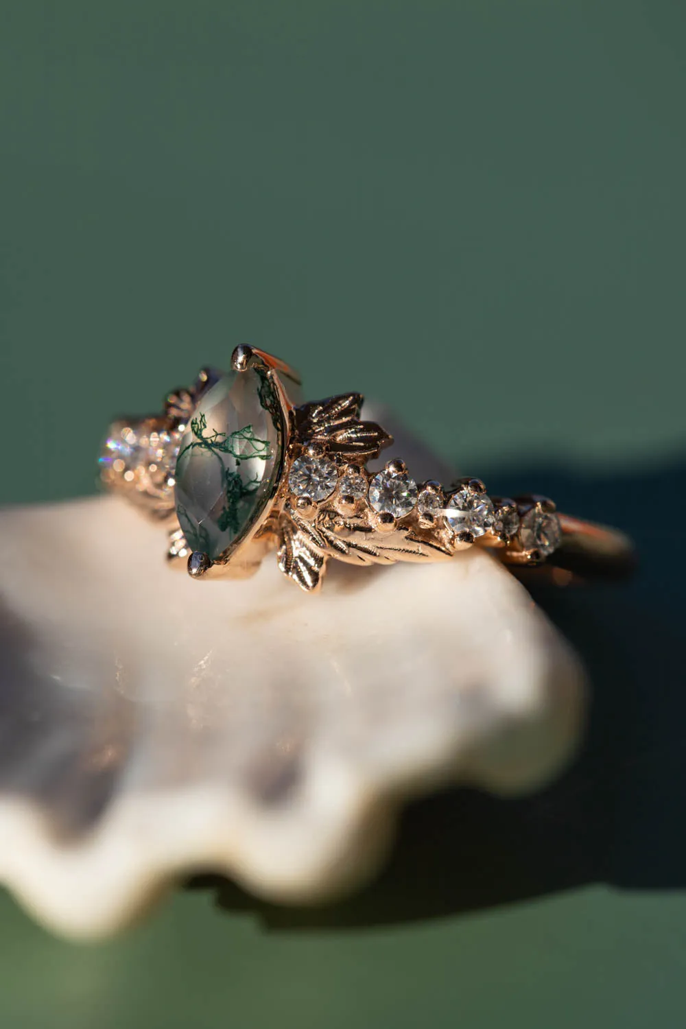 Moss Agate Marquise-Cut Engagement Ring, Gold Leaf Nature-Inspired Design - Verbena