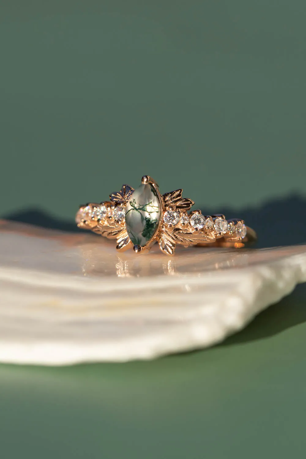 Moss Agate Marquise-Cut Engagement Ring, Gold Leaf Nature-Inspired Design - Verbena