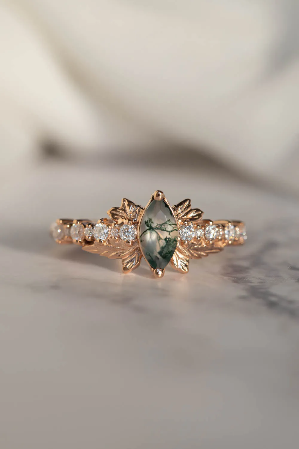 Moss Agate Marquise-Cut Engagement Ring, Gold Leaf Nature-Inspired Design - Verbena