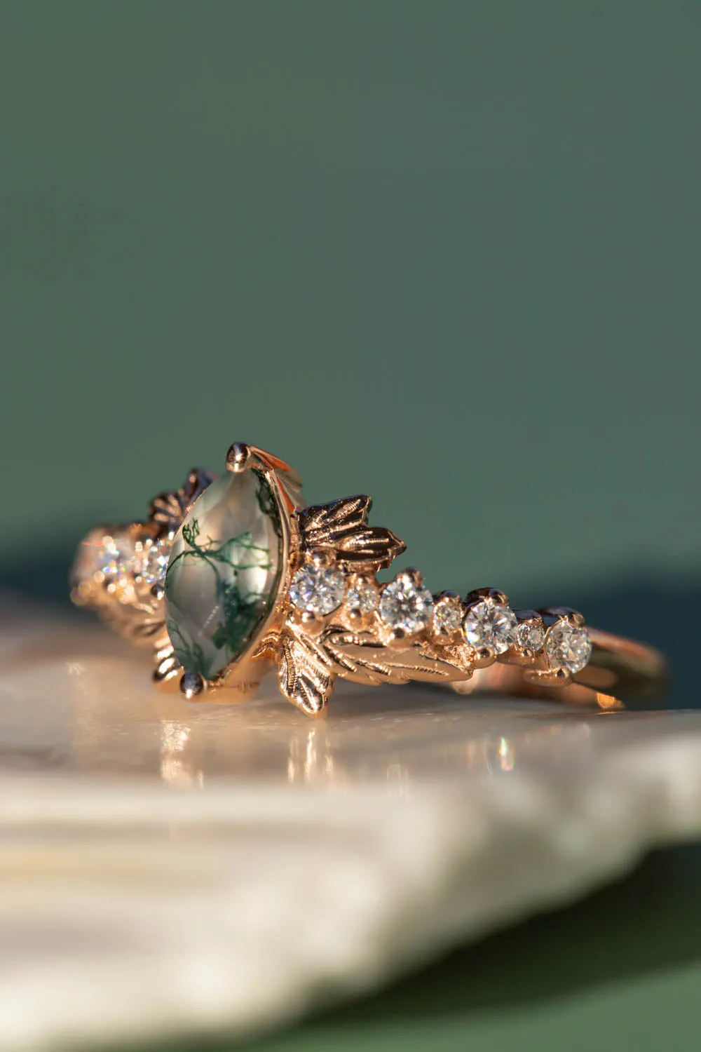 Moss Agate Marquise-Cut Engagement Ring, Gold Leaf Nature-Inspired Design - Verbena