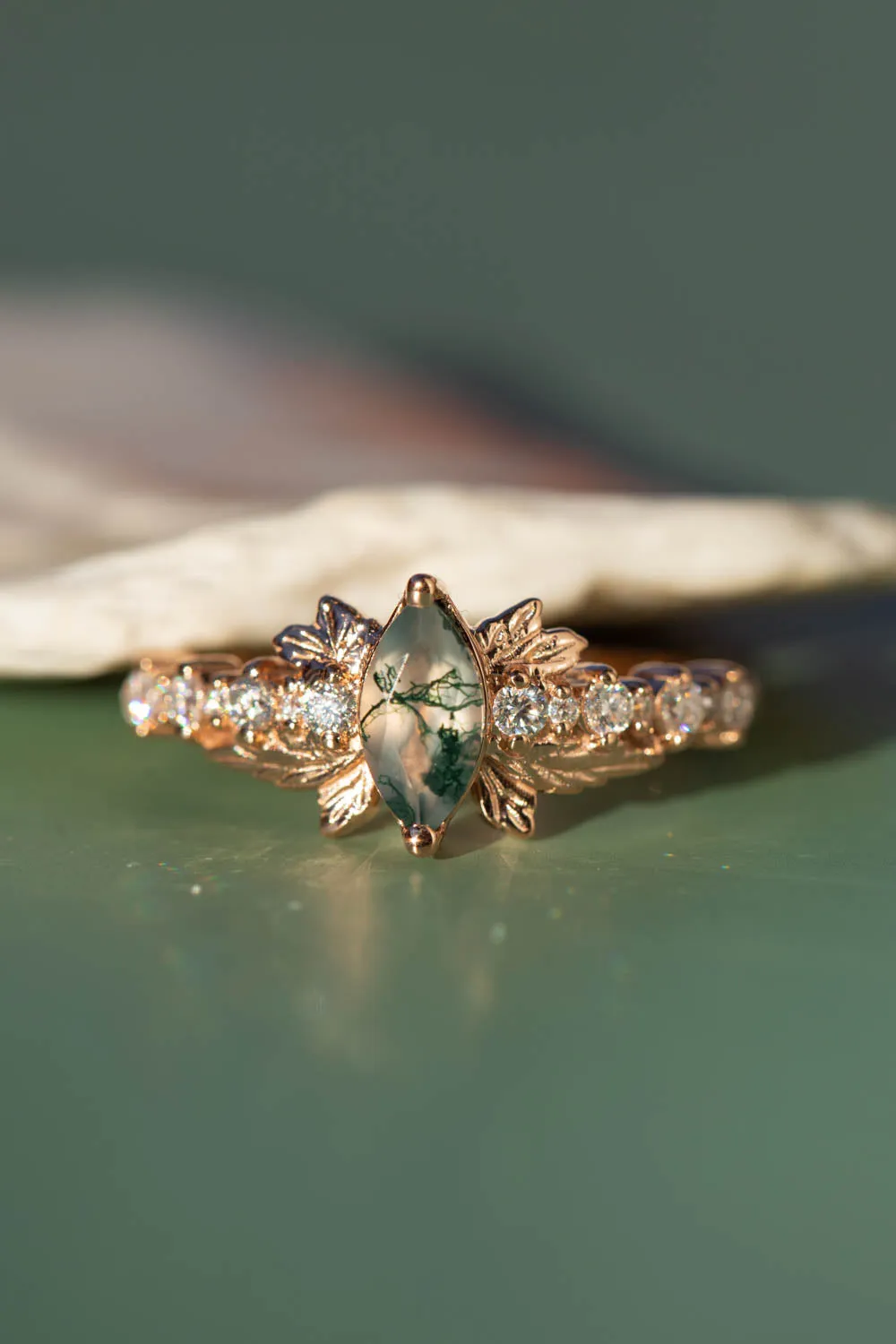 Moss Agate Marquise-Cut Engagement Ring, Gold Leaf Nature-Inspired Design - Verbena