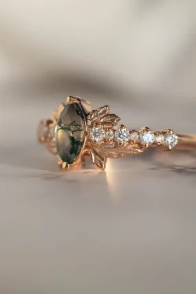 Moss Agate Marquise-Cut Engagement Ring, Gold Leaf Nature-Inspired Design - Verbena