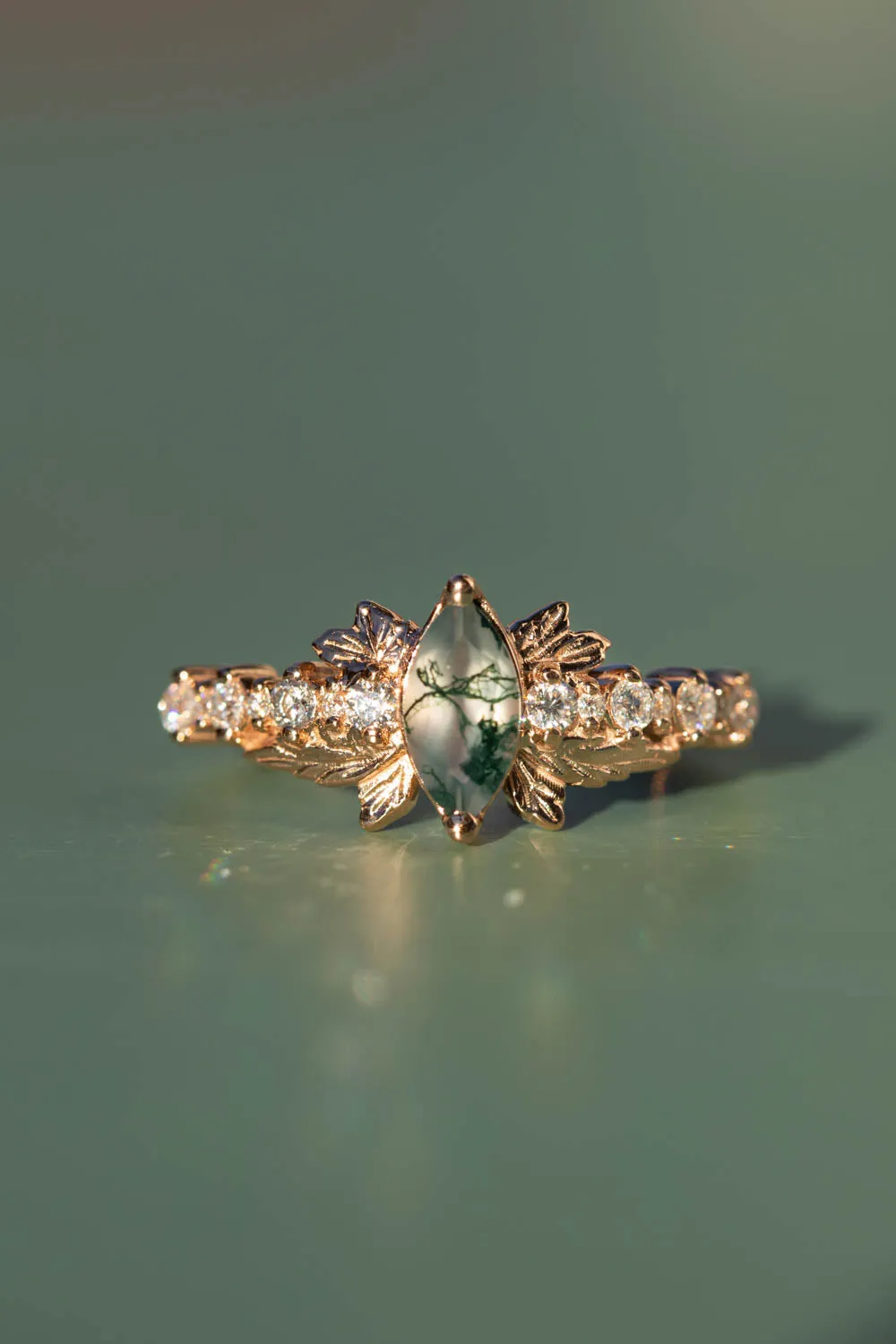 Moss Agate Marquise-Cut Engagement Ring, Gold Leaf Nature-Inspired Design - Verbena