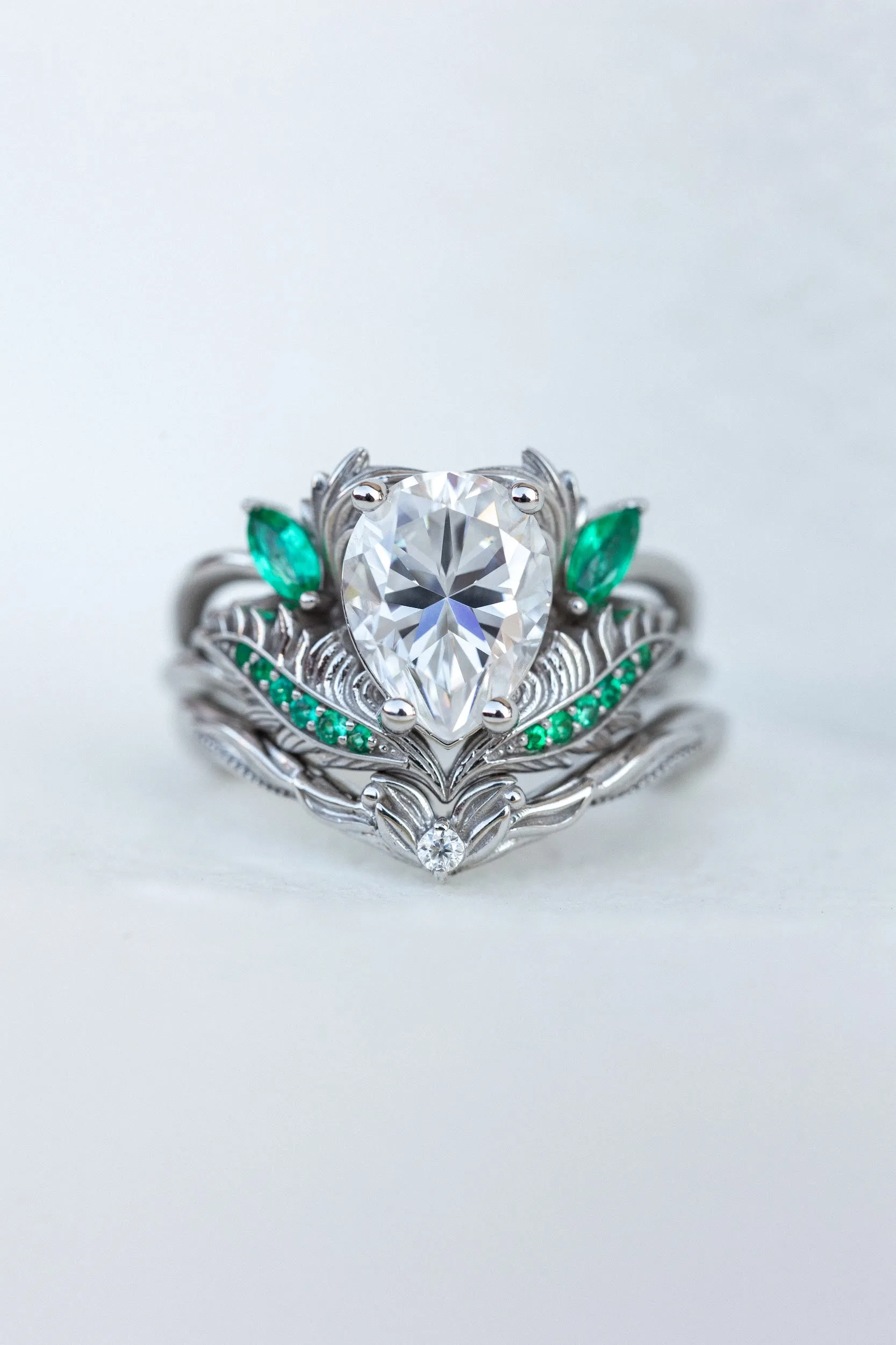 Moissanite and emeralds engagement ring set, gorgeous white gold bridal ring set / Adonis