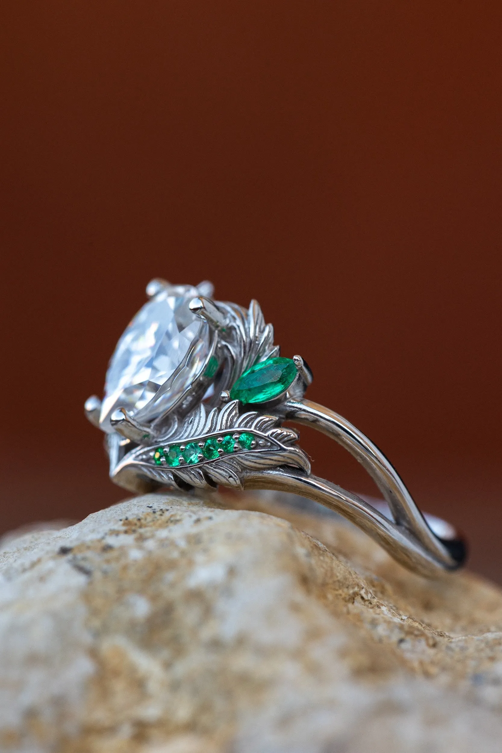 Moissanite and emeralds engagement ring set, gorgeous white gold bridal ring set / Adonis