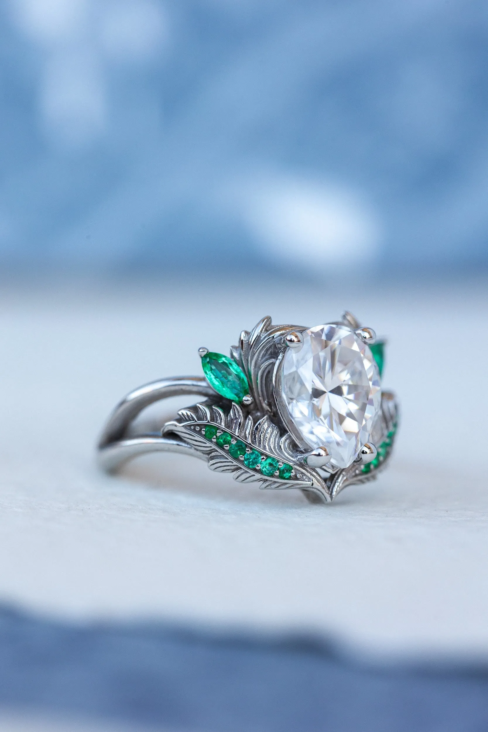 Moissanite and emeralds engagement ring set, gorgeous white gold bridal ring set / Adonis