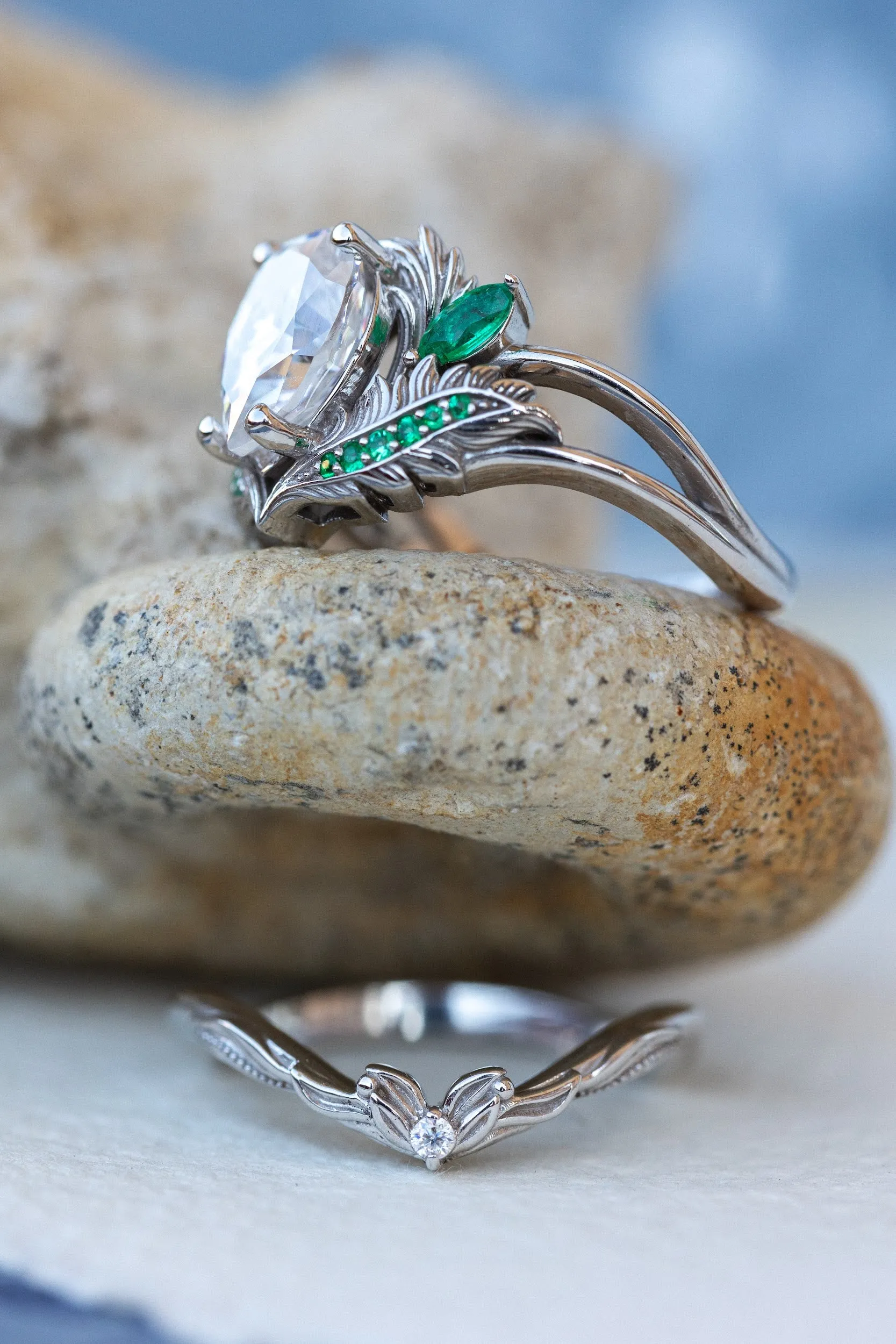 Moissanite and emeralds engagement ring set, gorgeous white gold bridal ring set / Adonis