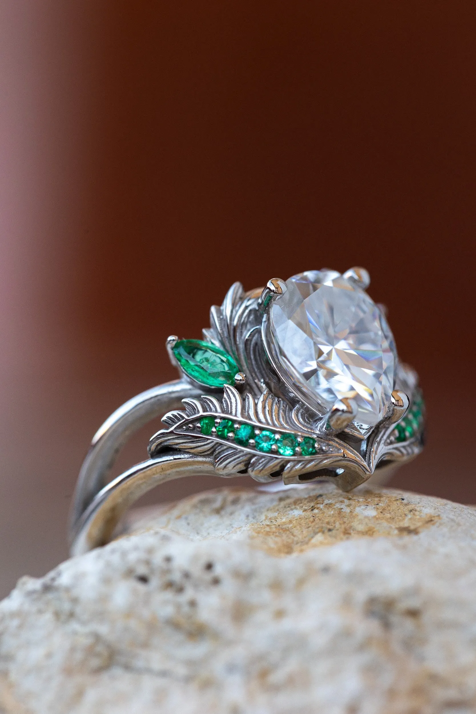 Moissanite and emeralds engagement ring set, gorgeous white gold bridal ring set / Adonis