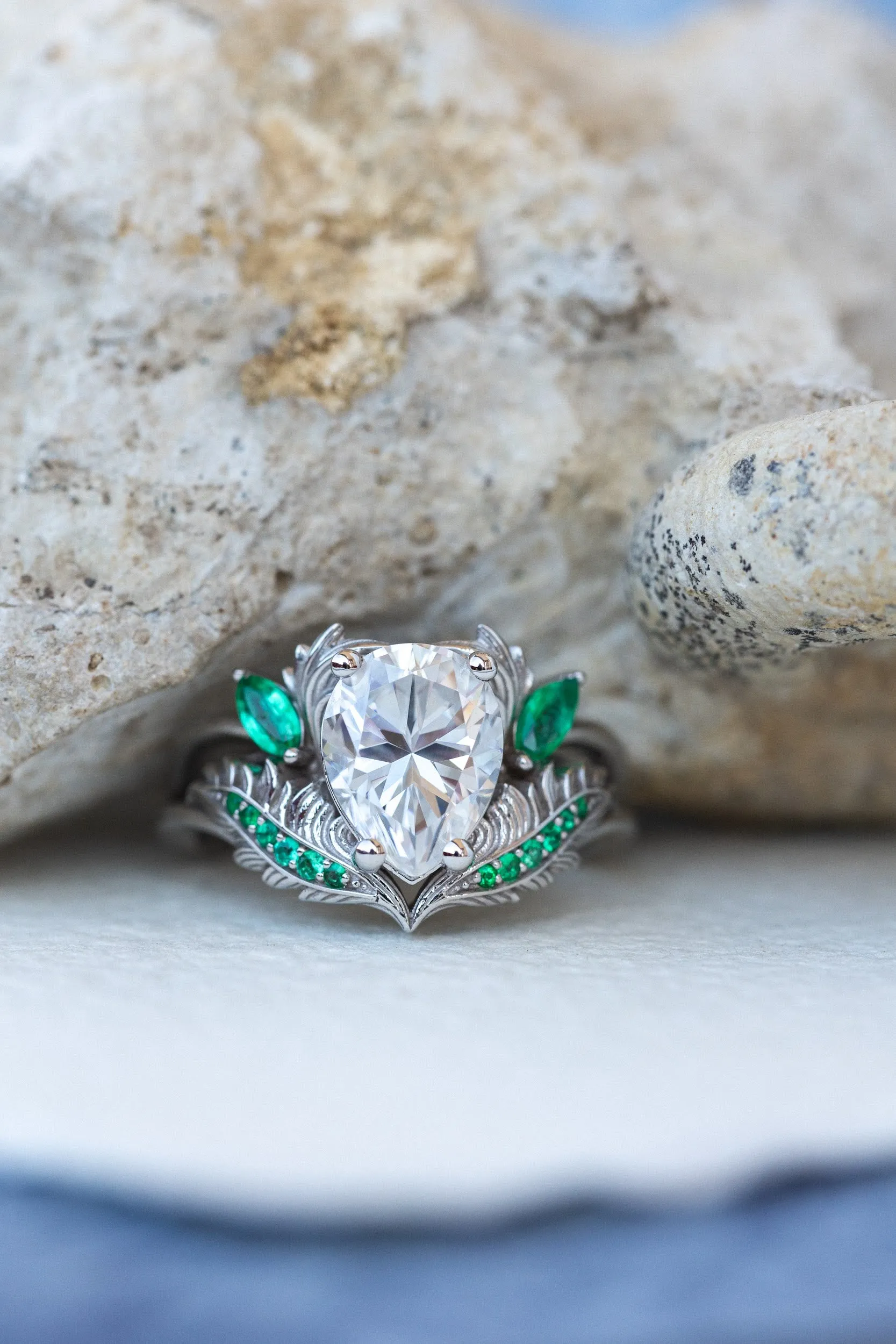 Moissanite and emeralds engagement ring set, gorgeous white gold bridal ring set / Adonis