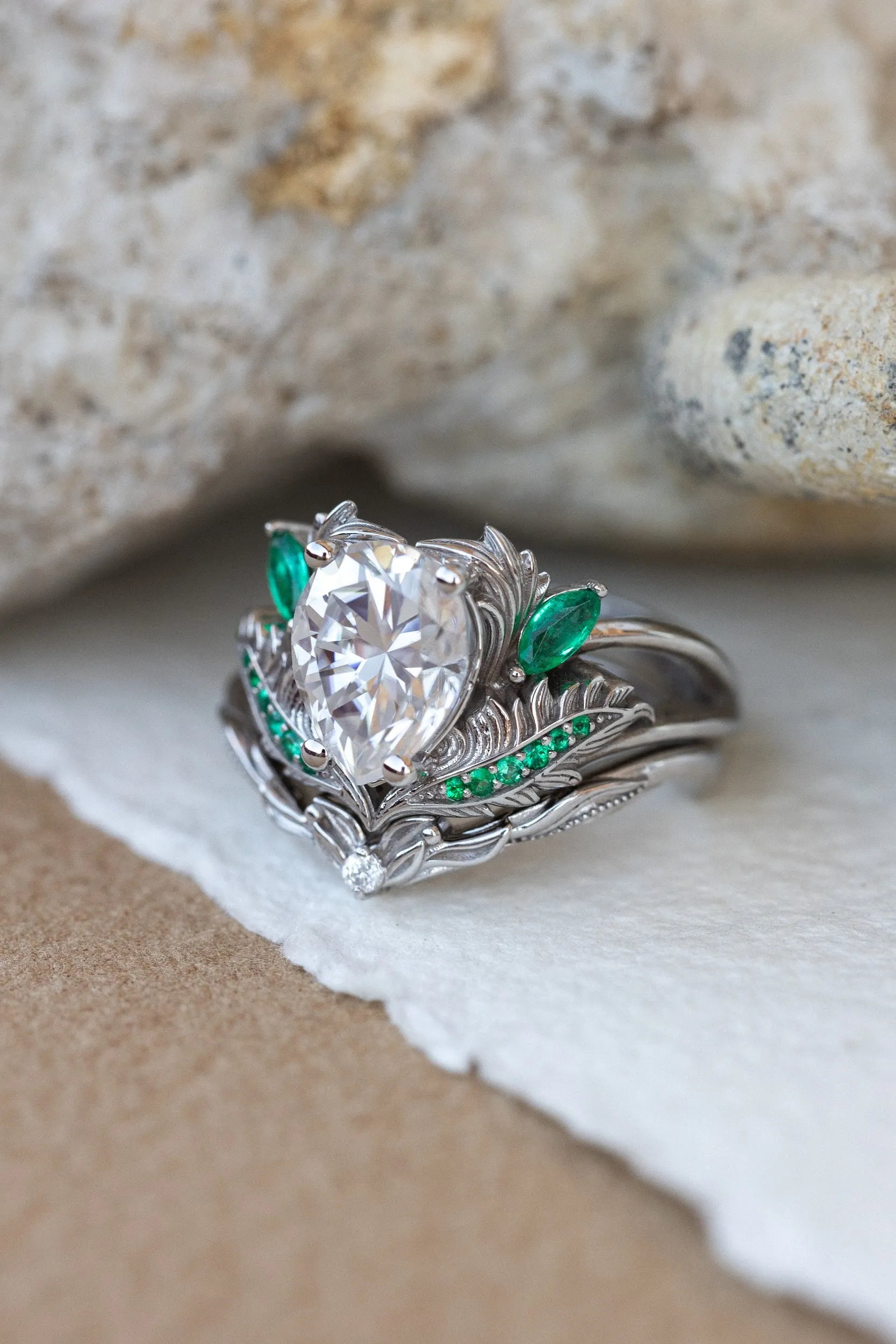 Moissanite and emeralds engagement ring set, gorgeous white gold bridal ring set / Adonis