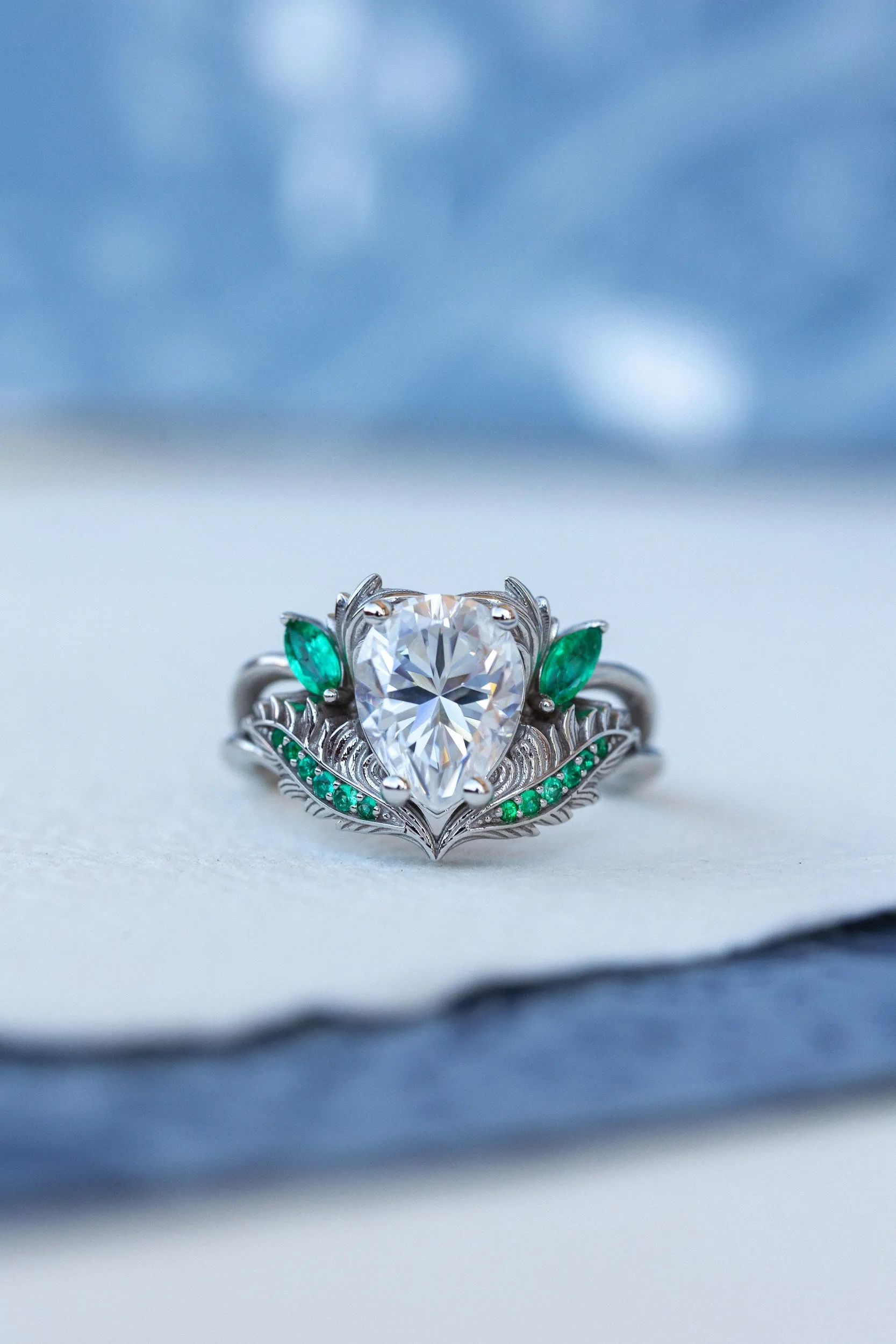 Moissanite and emeralds engagement ring set, gorgeous white gold bridal ring set / Adonis