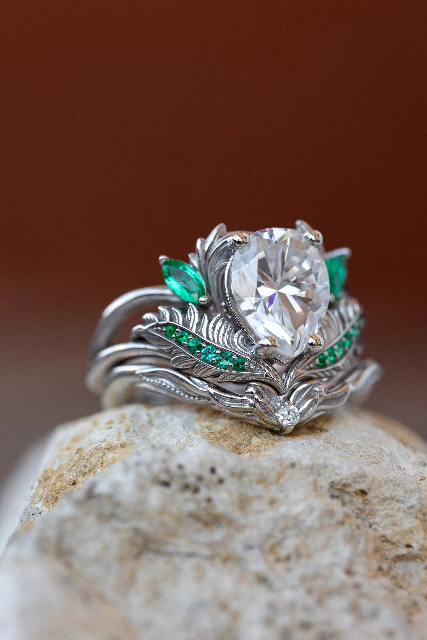 Moissanite and emeralds engagement ring set, gorgeous white gold bridal ring set / Adonis