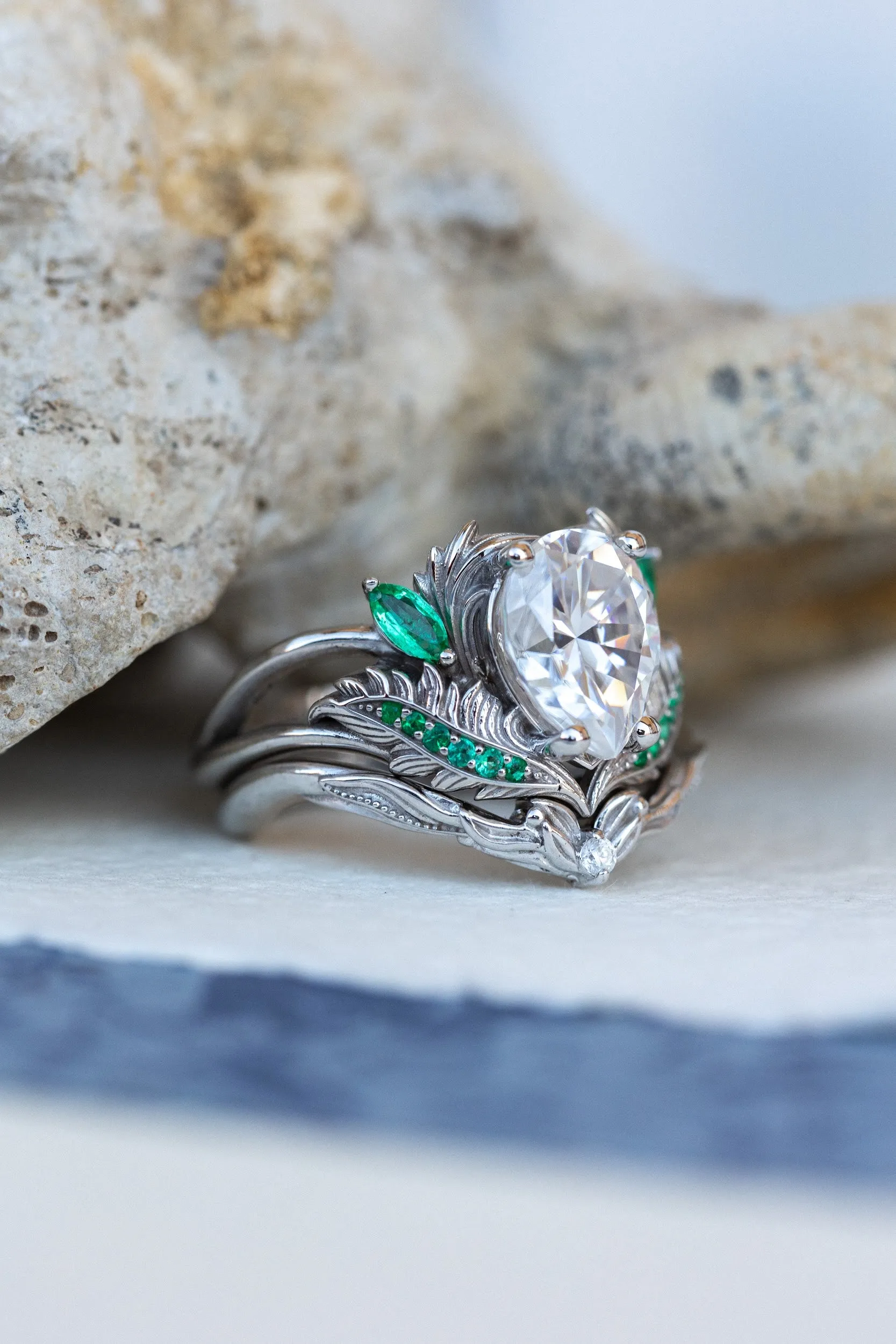 Moissanite and emeralds engagement ring set, gorgeous white gold bridal ring set / Adonis