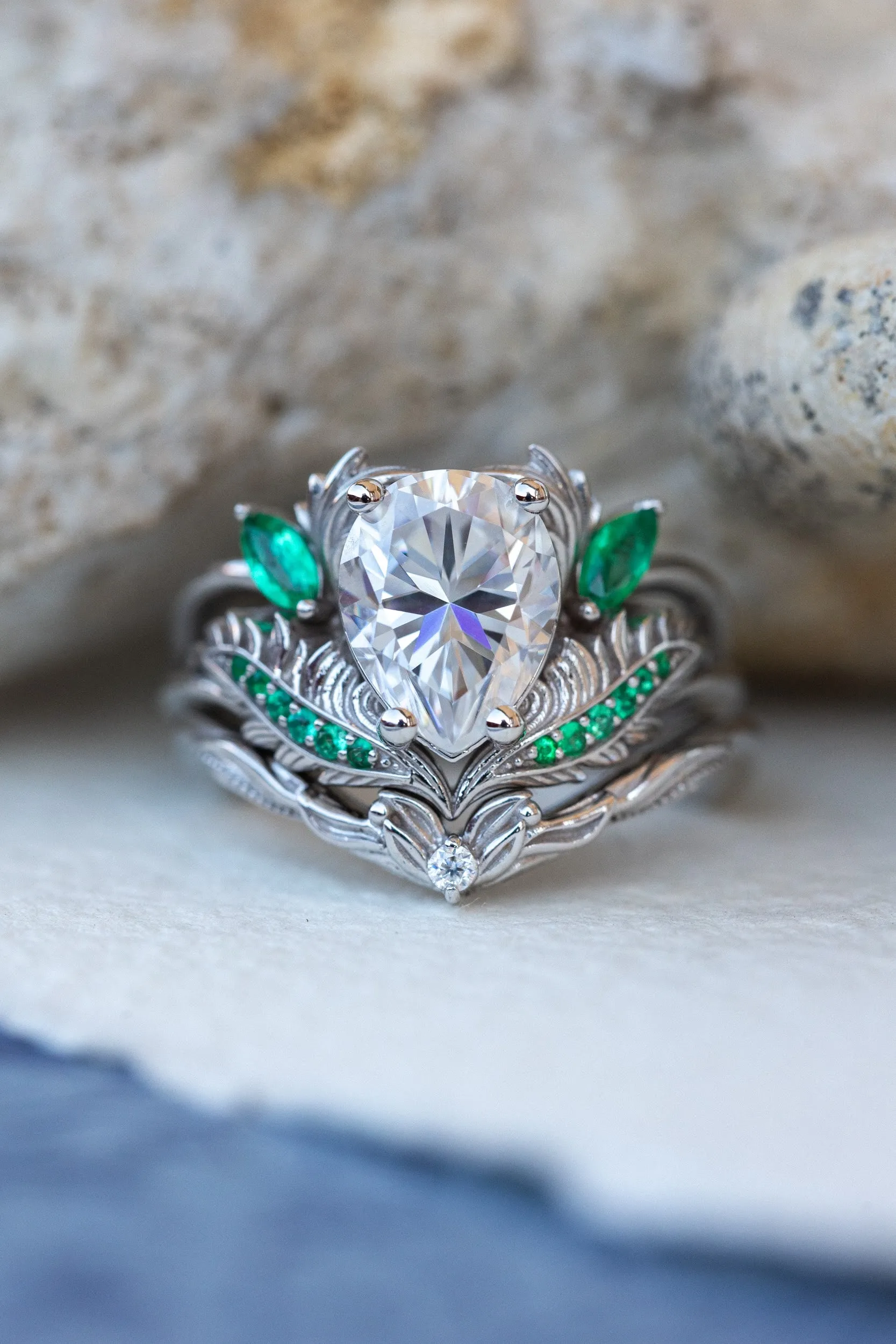 Moissanite and emeralds engagement ring set, gorgeous white gold bridal ring set / Adonis