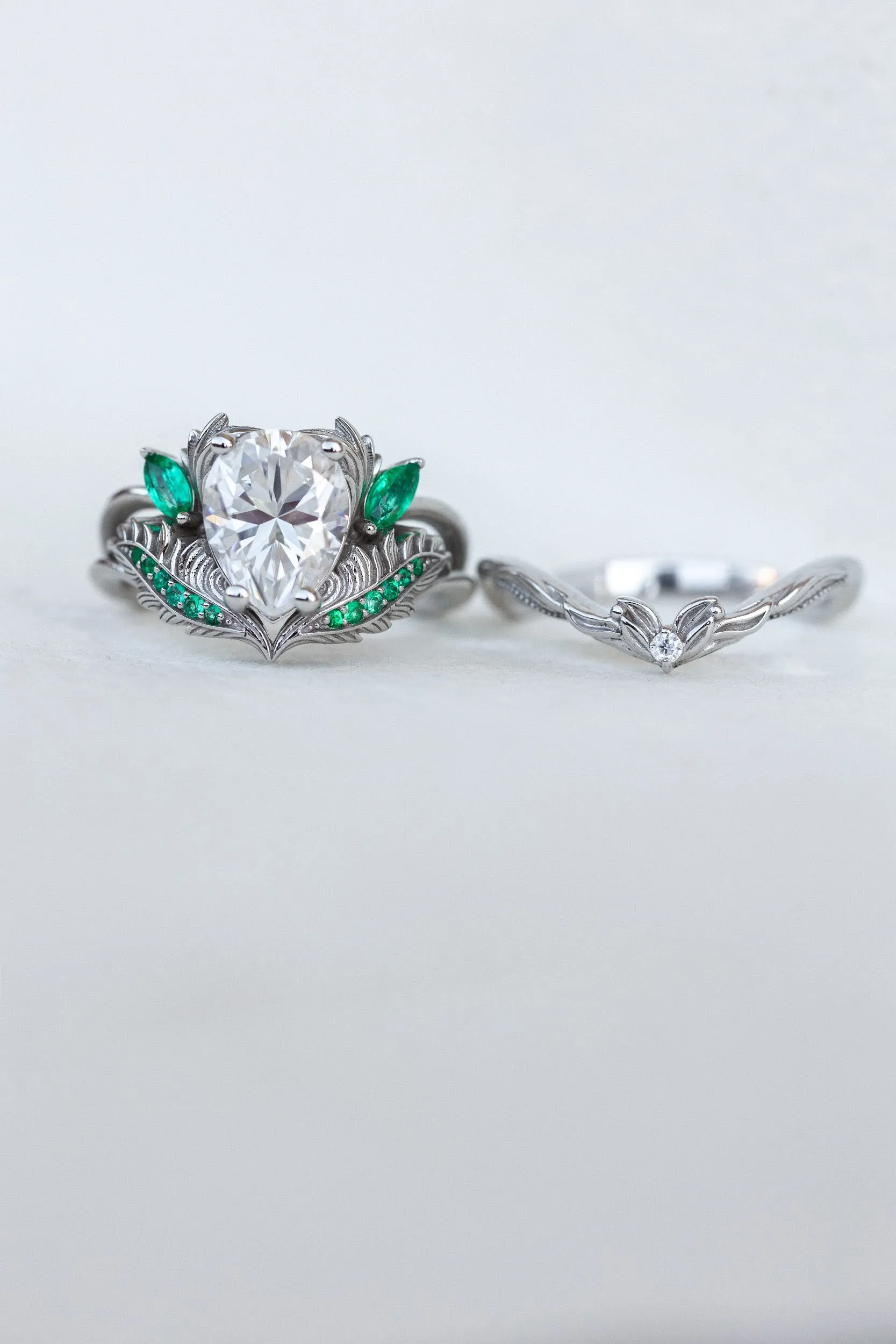 Moissanite and emeralds engagement ring set, gorgeous white gold bridal ring set / Adonis