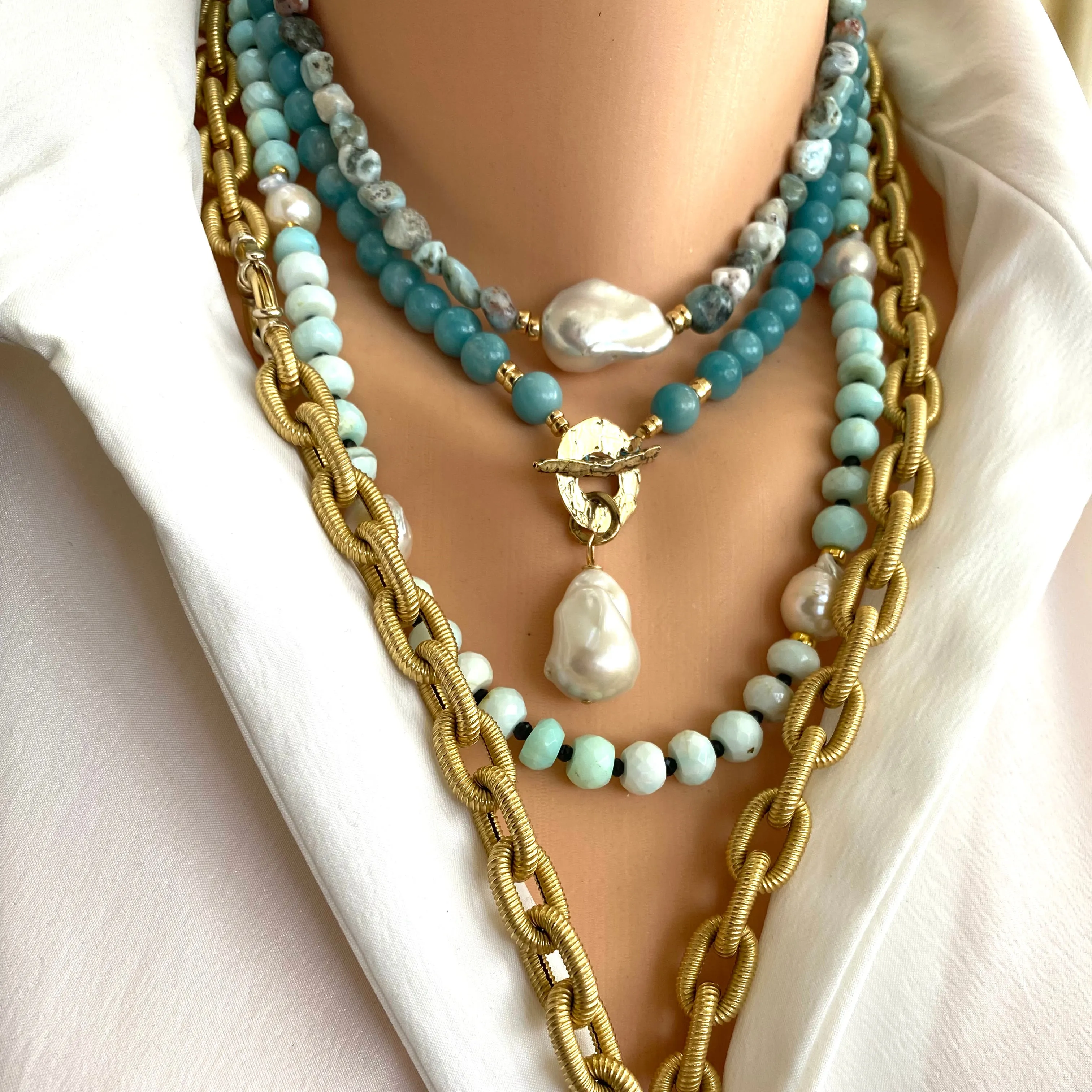 Ocean Blue Larimar and Baroque Pearl Necklace with Gold Filled Beads and Closure,18in