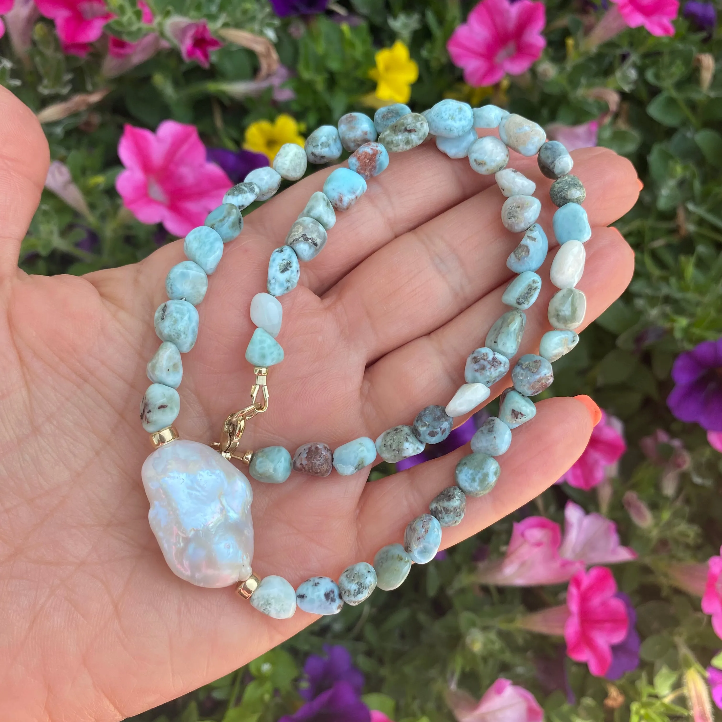 Ocean Blue Larimar and Baroque Pearl Necklace with Gold Filled Beads and Closure,18in