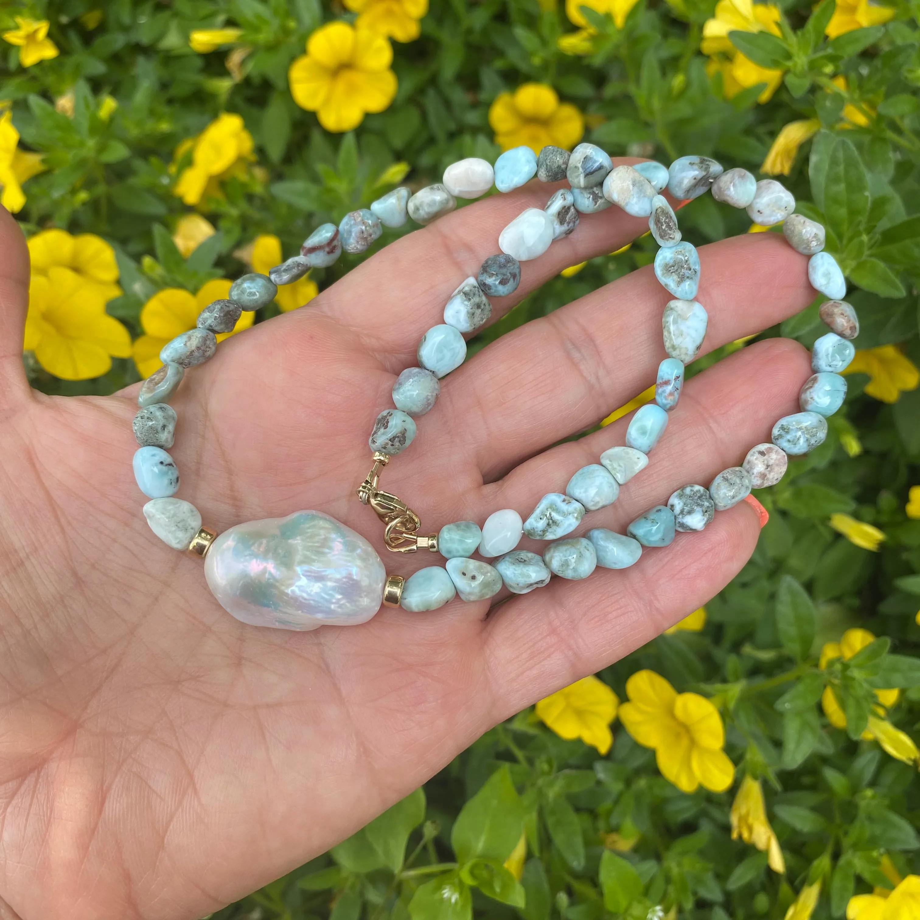 Ocean Blue Larimar and Baroque Pearl Necklace with Gold Filled Beads and Closure,18in