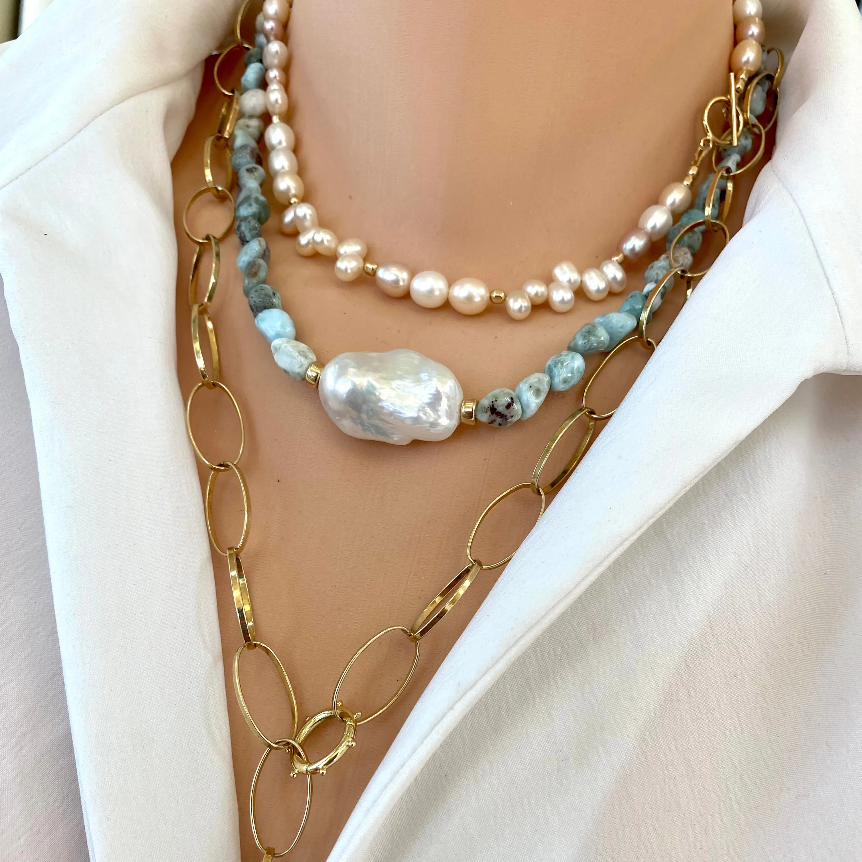 Ocean Blue Larimar and Baroque Pearl Necklace with Gold Filled Beads and Closure,18in