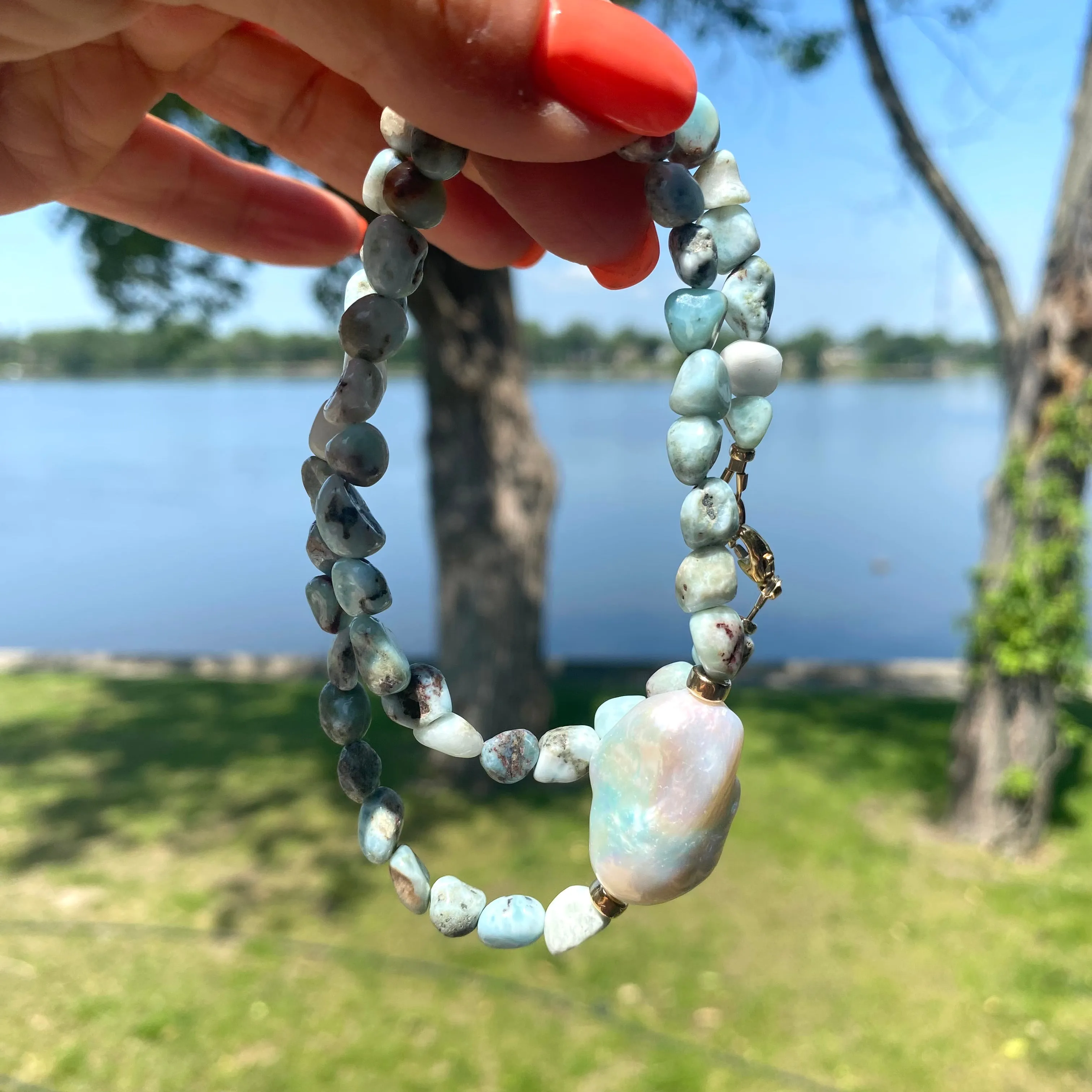 Ocean Blue Larimar and Baroque Pearl Necklace with Gold Filled Beads and Closure,18in