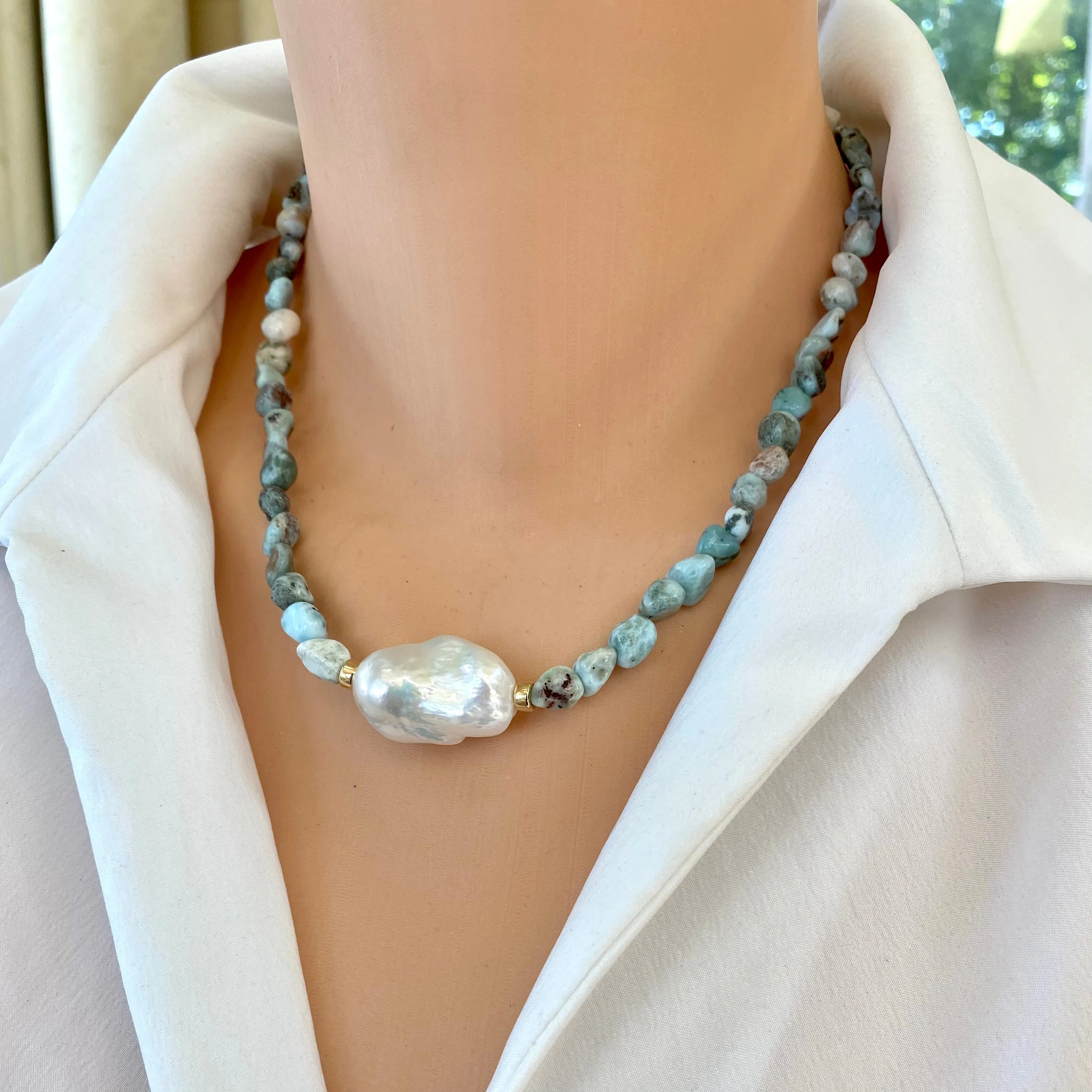 Ocean Blue Larimar and Baroque Pearl Necklace with Gold Filled Beads and Closure,18in