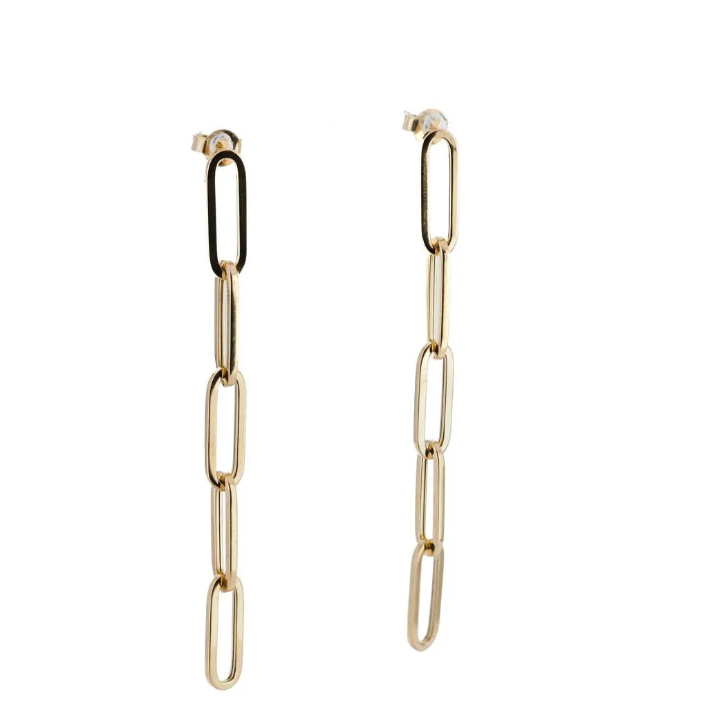 Paperclip Link Dangle Earrings - Yellow Gold