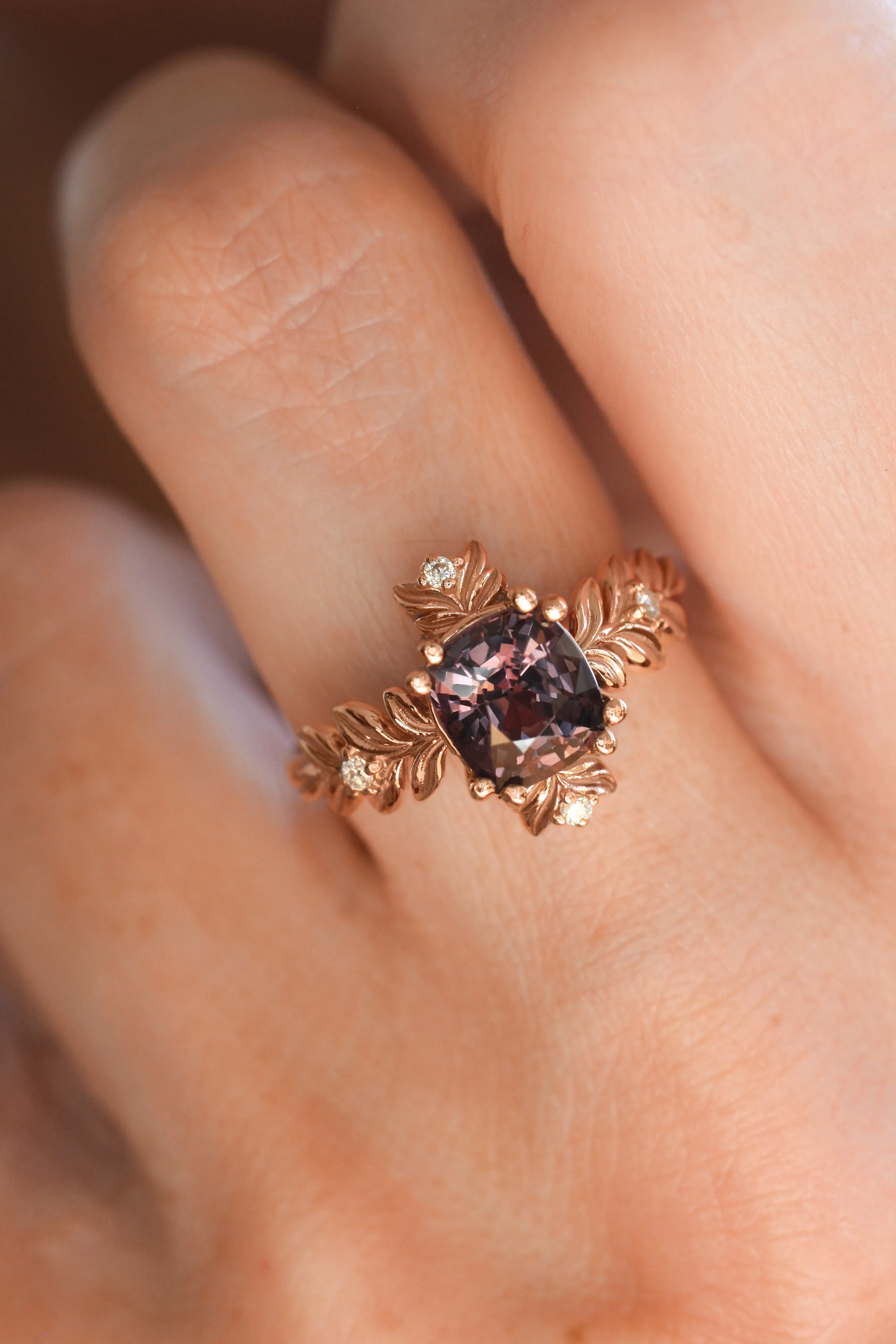 Purple spinel ring with diamonds, leaf engagement ring