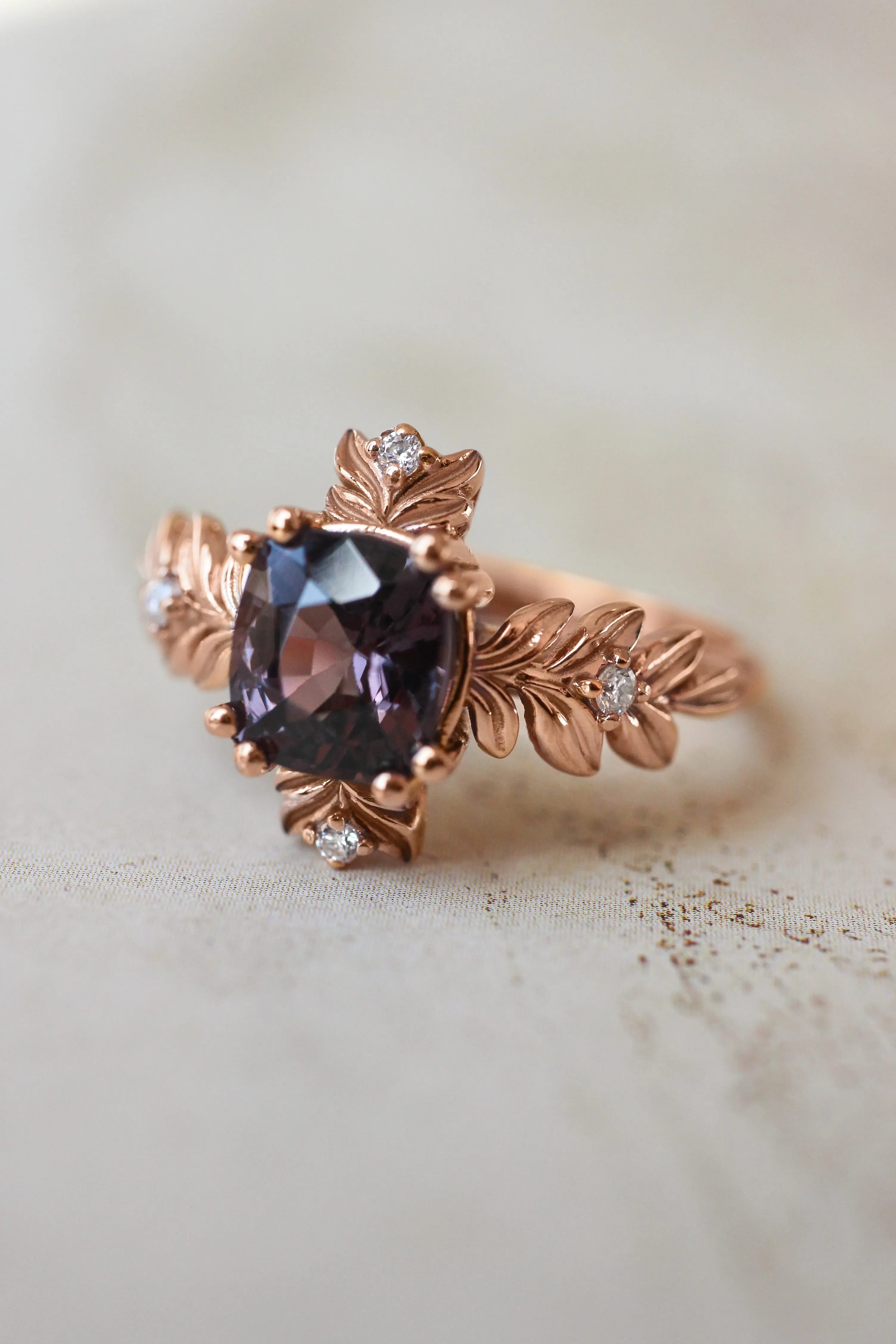 Purple spinel ring with diamonds, leaf engagement ring